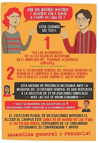 ANUNCIA GRUPO PLURAL TOMA DEL CAMPUS; EXIGEN RENUNCIA DEL SECRETARIO DEL SPAUAZ Y QUE PARTE PATRONAL SAQUE LAS MANOS DEL PROCESO SINDICAL 