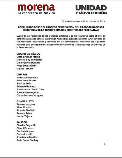 ANUNCIA MORENA A FINALISTAS PARA CANDIDATURAS A GOBERNADOR