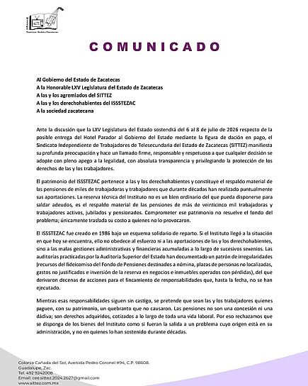 EMITE SITTEZ POSICIONAMIENTO Y PIDE APLAZAR DISCUSIÓN SOBRE HOTEL PARADOR
