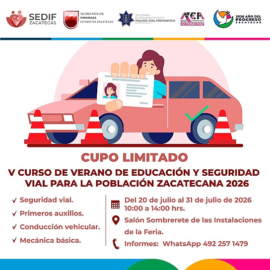 El Gobierno de Zacatecas abrió el registro para el V Curso de Verano de Educación y Seguridad Vial, que ofrecerá capacitación práctica y teórica del 20 al 31 de julio con cupo limitado