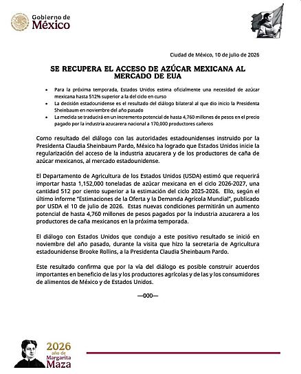 SE RECUPERA EL ACCESO DE AZÚCAR MEXICANA AL MERCADO DE EUA   
