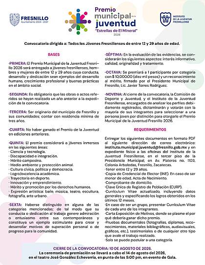 INVITA FRESNILLO A PARTICIPAR EN EL PREMIO MUNICIPAL DE LA JUVENTUD
