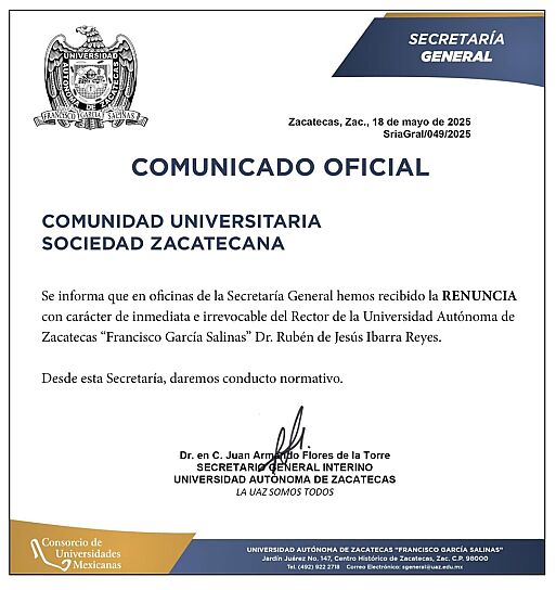 PRESENTA RUBÉN IBARRA RENUNCIA COMO RECTOR DE LA UAZ