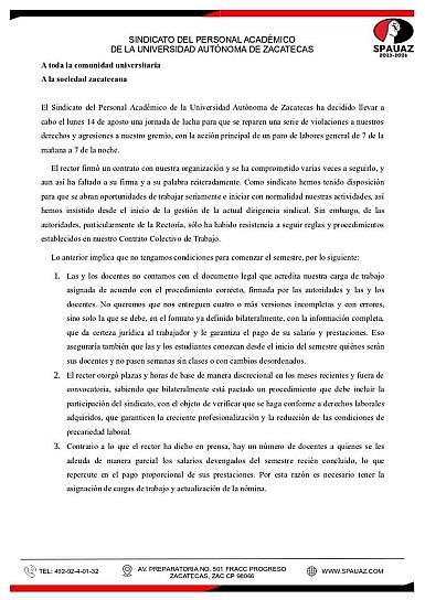 ANUNCIA SPAUAZ PARO GENERAL ESTE 14 DE AGOSTO 