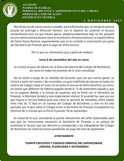 A PARO, TODOS LOS PLANTELES DEL COBAEZ DE LA ZONA CONURBADA
