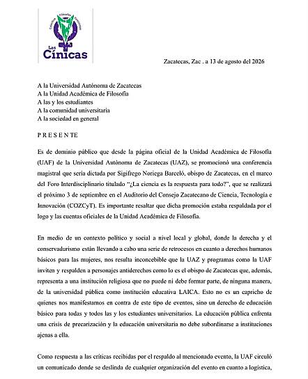 CUESTIONA COLECTIVA LA PARTICIPACIÓN DE OBISPO EN FORO VINCULADO CON UAZ
