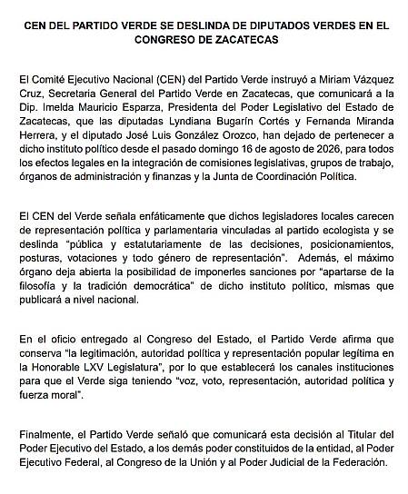 DESCONOCE PARTIDO VERDE A SUS TRES DIPUTADOS EN ZACATECAS