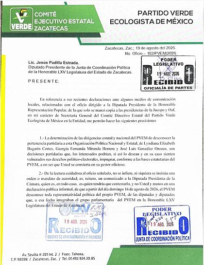 DESCONOCE PVEM REPRESENTACIÓN PARTIDARIA DE TRES DIPUTADOS EN CONGRESO LOCAL