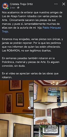 DENUNCIAN ROBO DE OBRAS DE ARTE EN COMEDOR DE ZACATECAS
