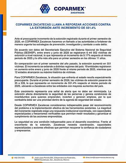 ALERTA COPARMEX POR ALZA DE 551.4% EN EXTORSIONES EN ZACATECAS