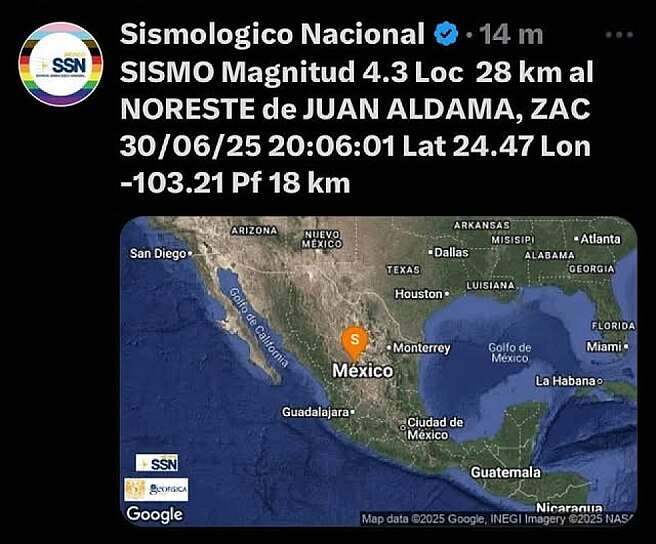 REPORTAN SISMO DE MAGNITUD 4.3 EN JUAN ALDAMA