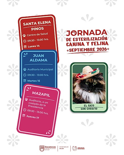ESTERILIZA SSZ MASCOTAS GRATIS EN PINOS, JUAN ALDAMA Y MAZAPIL