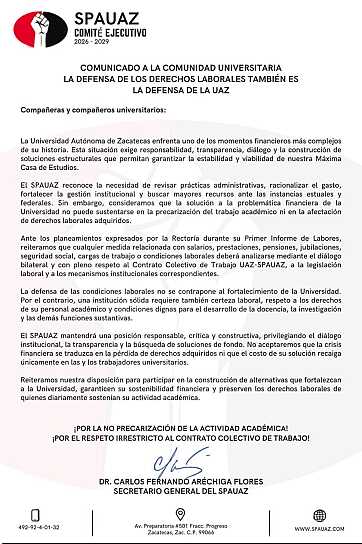 ADVIERTE SPAUAZ QUE CRISIS FINANCIERA NO DEBE AFECTAR DERECHOS LABORALES