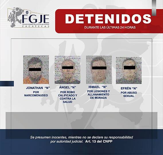 DETIENE FGJEZ A CUATRO PERSONAS CON ÓRDENES DE APREHENSIÓN EN ZACATECAS Y FRESNILLO