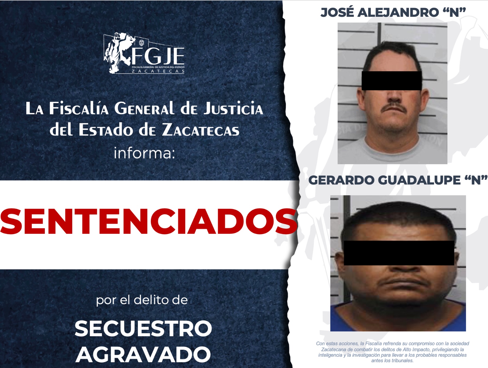 OBTIENE FGJEZ SENTENCIA DE 60 AÑOS DE PRISIÓN CONTRA CINCO PERSONAS POR SECUESTRO