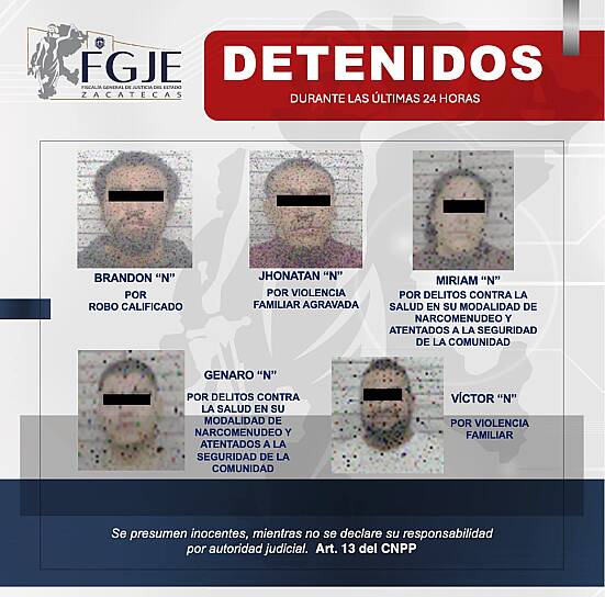 CUMPLIMENTA FGJEZ CINCO APREHENSIONES EN ZACATECAS Y MATAMOROS, TAMAULIPAS