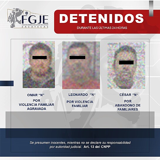 CUMPLIMENTA FGJEZ TRES ÓRDENES DE APREHENSIÓN POR DISTINTOS DELITOS FAMILIARES