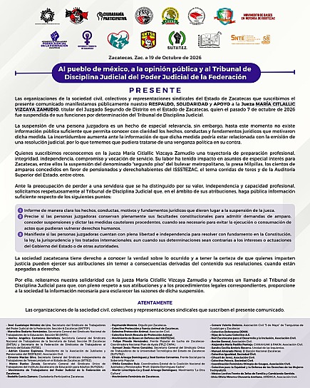 EXIGEN ORGANIZACIONES ACLARAR SUSPENSIÓN DE LA JUEZA MARÍA CITLALLIC VIZCAYA ZAMUDIO