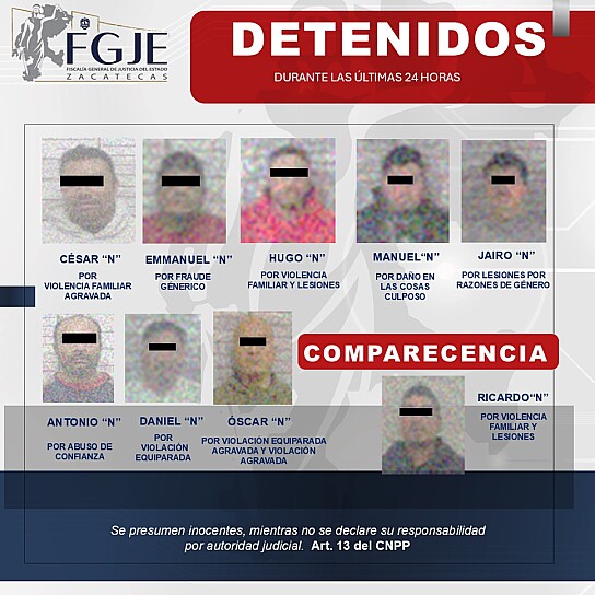 EJECUTA FGJEZ OCHO ÓRDENES DE APREHENSIÓN Y UNA DE COMPARECENCIA
