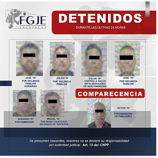 EJECUTA FGJEZ SEIS ÓRDENES DE APREHENSIÓN Y UNA DE COMPARECENCIA