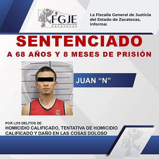 OBTIENE FGJEZ SENTENCIA DE 68 AÑOS CONTRA JUAN MANUEL POR HOMICIDIO