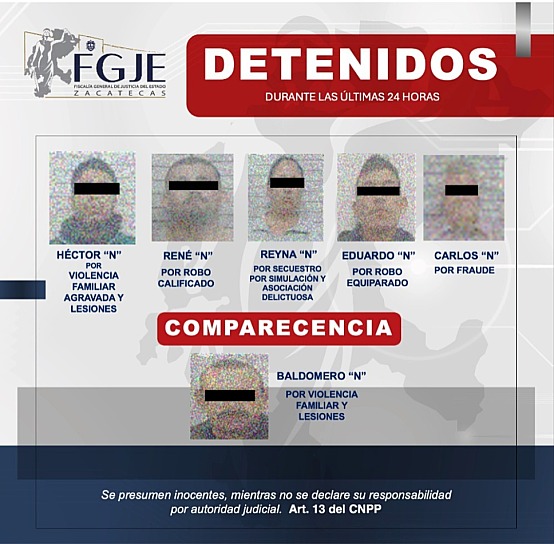 EJECUTA FGJEZ CINCO APREHENSIONES Y UNA COMPARECENCIA EN COLABORACIÓN CON TAMAULIPAS