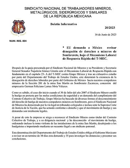 BAJO LA LUPA CONFLICTO MINERO EN SOMBRERETE; EU PIDE REVISAR CONDICIONES LABORALES 